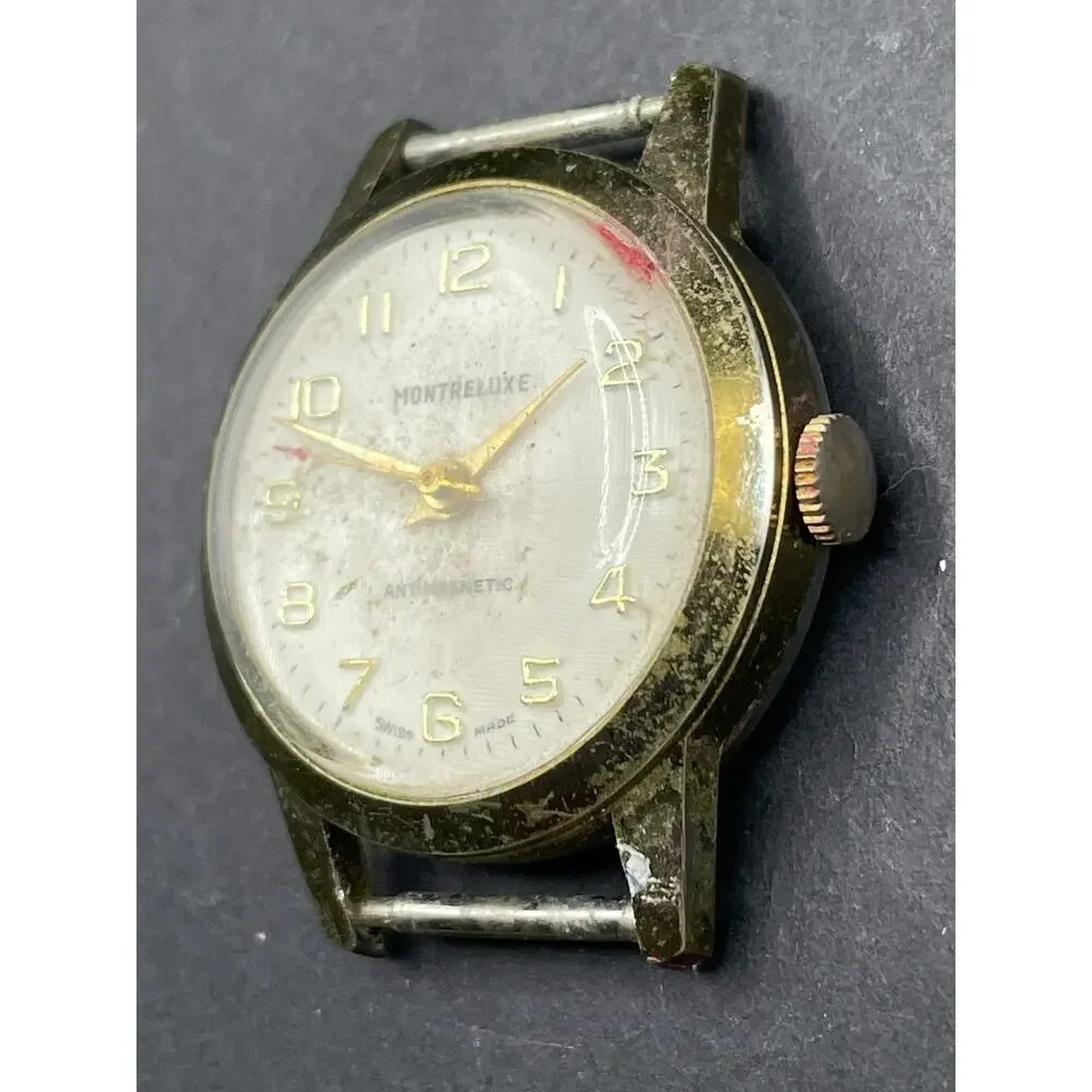 Vintage Montreluxe Antimagnetic Swiss Made Watch Diamond Tooled 30MM Gold Tone
